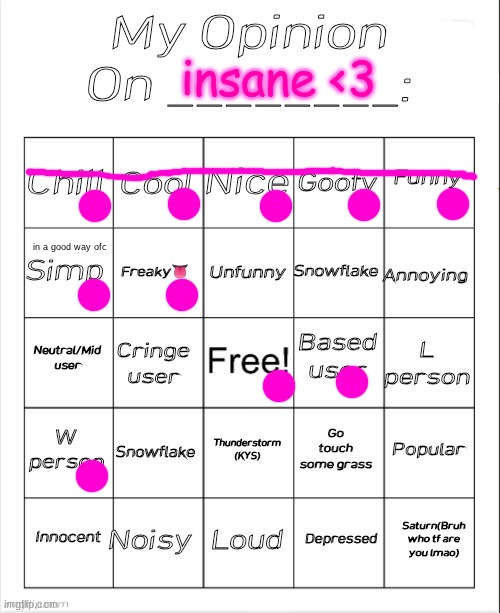 My Opinion On ________: Bingo by Andika V2 | insane <3; in a good way ofc | image tagged in my opinion on ________ bingo by andika v2 | made w/ Imgflip meme maker