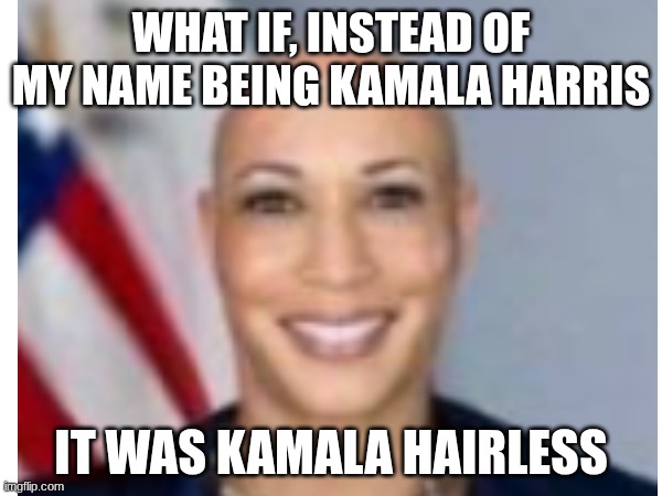 Kamala Hairless | WHAT IF, INSTEAD OF MY NAME BEING KAMALA HARRIS; IT WAS KAMALA HAIRLESS | image tagged in kamala harris,political meme | made w/ Imgflip meme maker
