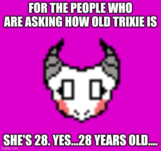 even tho i said it 2 times that she was 28, some people don't believe me. i'm just clarifying she's 28 | FOR THE PEOPLE WHO ARE ASKING HOW OLD TRIXIE IS; SHE'S 28. YES...28 YEARS OLD.... | made w/ Imgflip meme maker