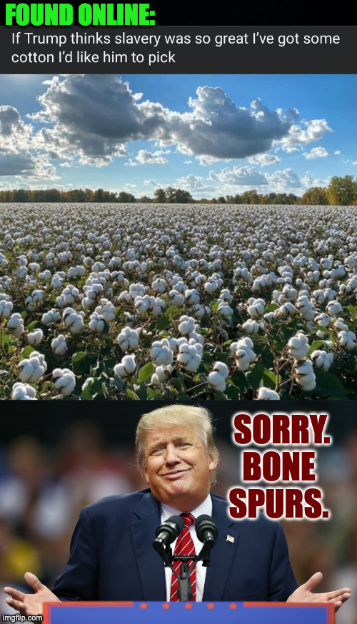 He didn't say it was great.  He said the Smithsonian is too focused on the negatives. | FOUND ONLINE:; SORRY.
BONE SPURS. | image tagged in memes,trump,bone spurs | made w/ Imgflip meme maker