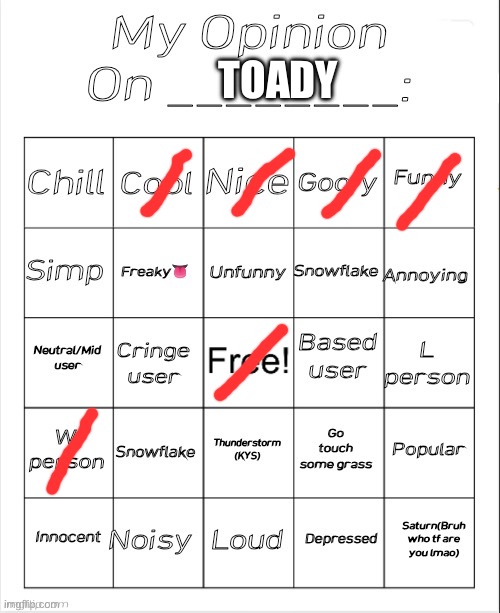 My Opinion On ________: Bingo by Andika V2 | TOADY | image tagged in my opinion on ________ bingo by andika v2 | made w/ Imgflip meme maker
