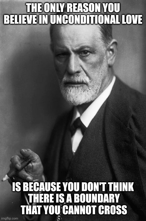 Sigmund Freud | THE ONLY REASON YOU BELIEVE IN UNCONDITIONAL LOVE; IS BECAUSE YOU DON'T THINK
 THERE IS A BOUNDARY
 THAT YOU CANNOT CROSS | image tagged in memes,sigmund freud | made w/ Imgflip meme maker