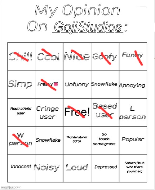 hehehehehehehe | GojiStudios | image tagged in my opinion on ________ bingo by andika v2 | made w/ Imgflip meme maker