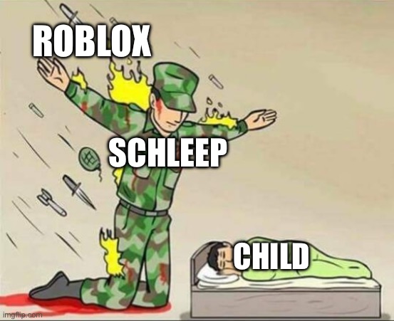 Roblox unban schleep | ROBLOX; SCHLEEP; CHILD | image tagged in soldier protecting sleeping child | made w/ Imgflip meme maker