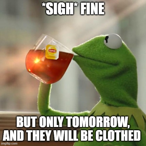ok boner nat | *SIGH* FINE; BUT ONLY TOMORROW, AND THEY WILL BE CLOTHED | image tagged in memes,but that's none of my business,kermit the frog | made w/ Imgflip meme maker