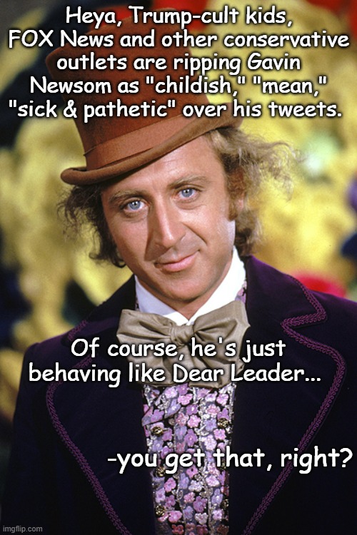Nothing illustrates double standard quite like excoriating one person for behavior you extol when it comes from someone else. | Heya, Trump-cult kids, FOX News and other conservative outlets are ripping Gavin Newsom as "childish," "mean," "sick & pathetic" over his tweets. Of course, he's just behaving like Dear Leader... -you get that, right? | image tagged in trump unfit unqualified dangerous,brat,double standard,like shooting fish in a barrel | made w/ Imgflip meme maker