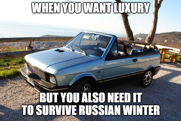 Slavic Sports Car | WHEN YOU WANT LUXURY; BUT YOU ALSO NEED IT TO SURVIVE RUSSIAN WINTER | image tagged in slavic sports car | made w/ Imgflip meme maker