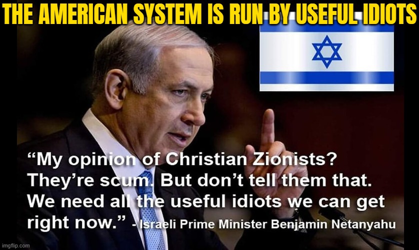 The American System Is Run By Useful Idiots | THE AMERICAN SYSTEM IS RUN BY USEFUL IDIOTS | image tagged in christian zionists,american politics,idiots,palestine,christian memes,abrahamic religions | made w/ Imgflip meme maker
