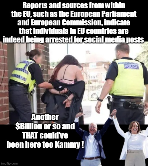 On target for over 12K arrests this year alone | Reports and sources from within the EU, such as the European Parliament and European Commission, indicate that individuals in EU countries are indeed being arrested for social media posts; Another $Billion or so and THAT could've been here too Kammy ! | image tagged in eu arrests social media meme | made w/ Imgflip meme maker