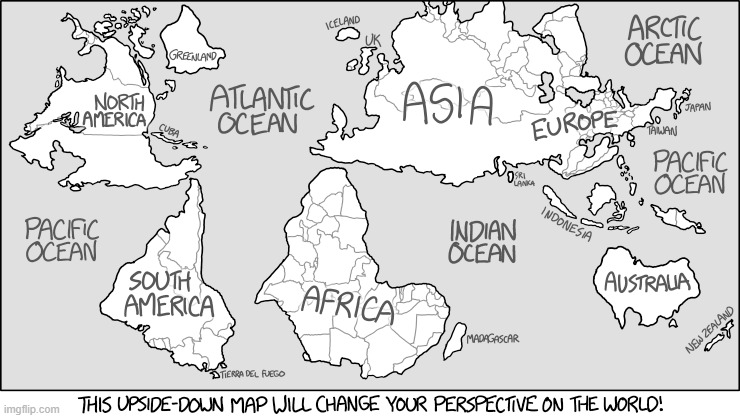 image tagged in map,upside-down,change,perspective,world,ain't no way | made w/ Imgflip meme maker
