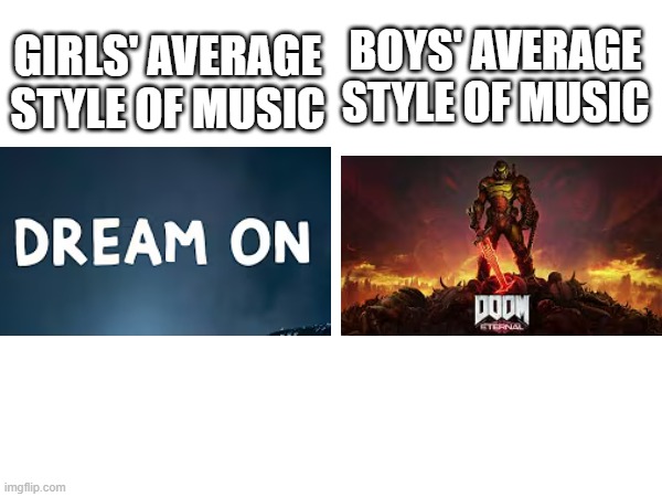 girls vs boys, music edition | BOYS' AVERAGE STYLE OF MUSIC; GIRLS' AVERAGE STYLE OF MUSIC | image tagged in girlvsboys,music | made w/ Imgflip meme maker