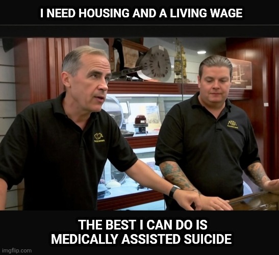 Meanwhile in Canada | I NEED HOUSING AND A LIVING WAGE; THE BEST I CAN DO IS MEDICALLY ASSISTED SUICIDE | image tagged in mark carney pawn stars,meanwhile in canada,suicide,euthanasia | made w/ Imgflip meme maker