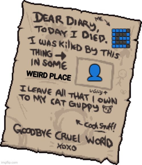 ????⬛
?⬛⬛⬛?
?⬛???
?⬛⬛⬛?
????⬛ ? WEIRD PLACE | image tagged in dear diary today i died | made w/ Imgflip meme maker