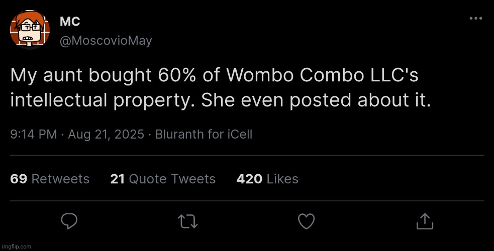 MC's aunt posted again | image tagged in mc,aunt,bluranth,wombo radio,wombo radio comeback,moscovio may | made w/ Imgflip meme maker