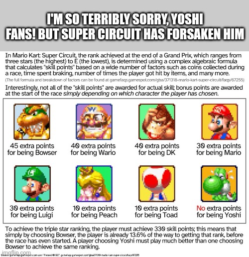 Poor Yoshi | I'M SO TERRIBLY SORRY, YOSHI FANS! BUT SUPER CIRCUIT HAS FORSAKEN HIM | image tagged in mario | made w/ Imgflip meme maker