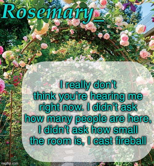 Rosemary_ template | I really don’t think you’re hearing me right now. I didn’t ask how many people are here, I didn’t ask how small the room is, I cast fireball | image tagged in rosemary_ template | made w/ Imgflip meme maker