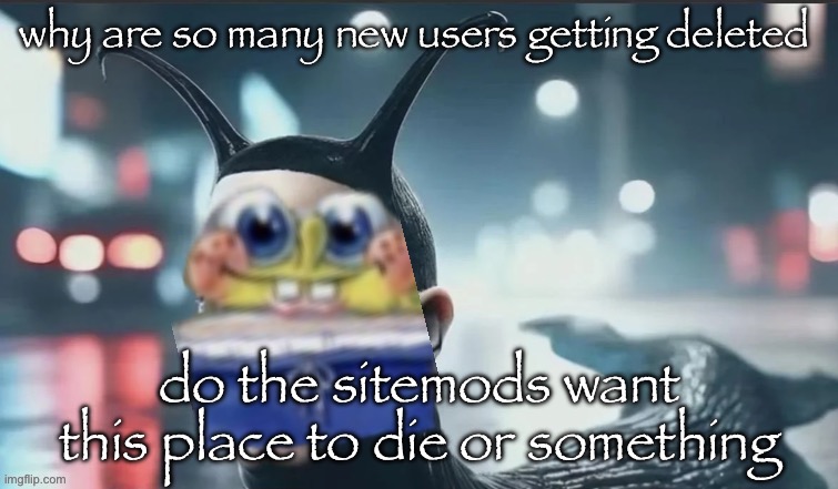 first it was the annoying ahh freakbob guy and now this | why are so many new users getting deleted; do the sitemods want this place to die or something | image tagged in slugbob | made w/ Imgflip meme maker