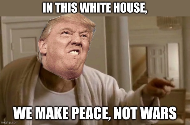 Peace | IN THIS WHITE HOUSE, WE MAKE PEACE, NOT WARS | image tagged in tony soprano in this house,donald trump,peace,politics,political meme | made w/ Imgflip meme maker