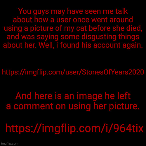 Links in the comments. | You guys may have seen me talk about how a user once went around using a picture of my cat before she died, and was saying some disgusting things about her. Well, i found his account again. https://imgflip.com/user/StonesOfYears2020; And here is an image he left a comment on using her picture. https://imgflip.com/i/964tix | made w/ Imgflip meme maker