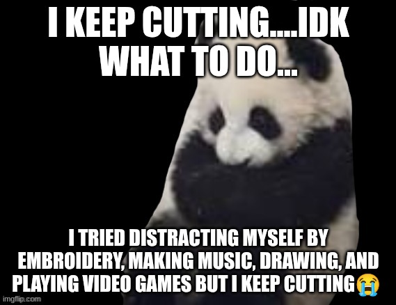 panda | I KEEP CUTTING....IDK WHAT TO DO... I TRIED DISTRACTING MYSELF BY EMBROIDERY, MAKING MUSIC, DRAWING, AND PLAYING VIDEO GAMES BUT I KEEP CUTTING😭 | image tagged in panda | made w/ Imgflip meme maker