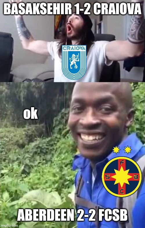 Istanbul Basaksehir - U.C.V. 1:2 + Aberdeen - F.C.S.B. 2:2 | BASAKSEHIR 1-2 CRAIOVA; ok; ABERDEEN 2-2 FCSB | image tagged in penguin0 cheering,hi okay,craiova,fcsb,europa league,conference league | made w/ Imgflip meme maker