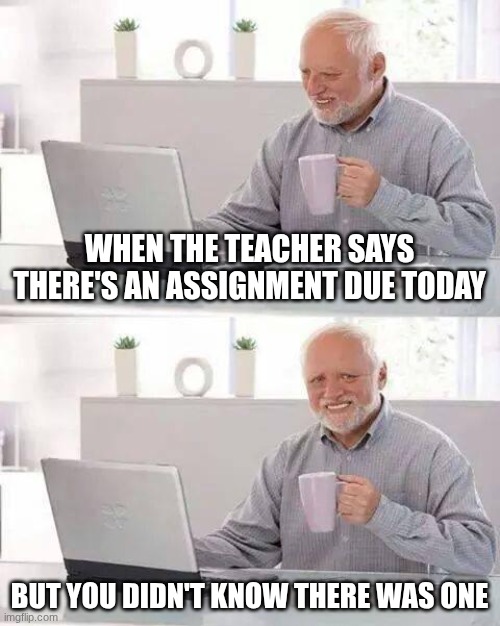 All the students  i know do this | WHEN THE TEACHER SAYS THERE'S AN ASSIGNMENT DUE TODAY; BUT YOU DIDN'T KNOW THERE WAS ONE | image tagged in memes,hide the pain harold | made w/ Imgflip meme maker
