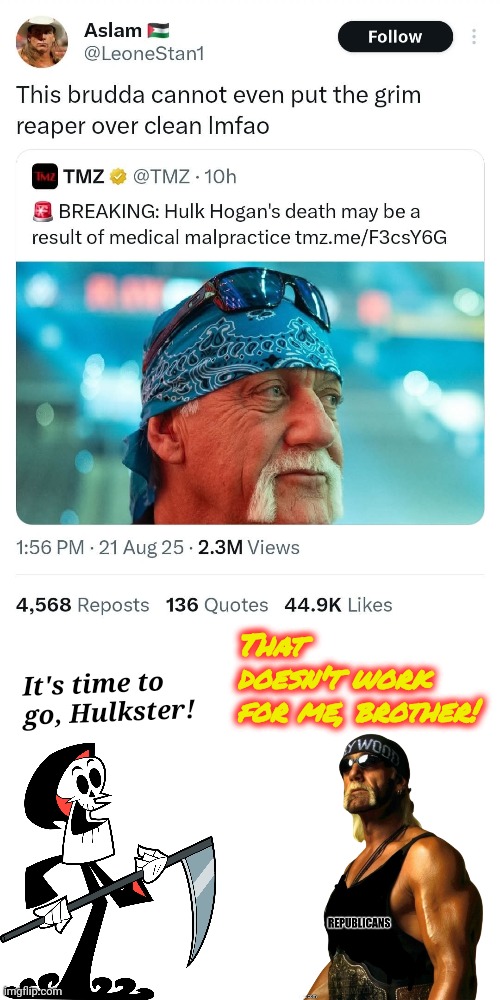 Hulkamania even runz wild on the Grim Reaper himself lmao | That doesn't work for me, brother! It's time to go, Hulkster! | image tagged in blank white template | made w/ Imgflip meme maker