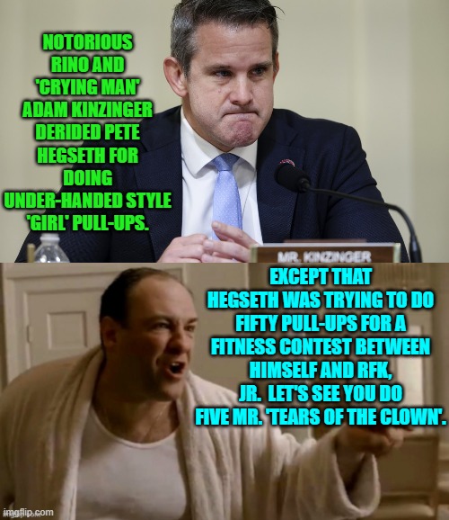 Man up Adam . . . if you actually have any man in you. | NOTORIOUS RINO AND 'CRYING MAN' ADAM KINZINGER DERIDED PETE HEGSETH FOR DOING UNDER-HANDED STYLE 'GIRL' PULL-UPS. EXCEPT THAT HEGSETH WAS TRYING TO DO FIFTY PULL-UPS FOR A FITNESS CONTEST BETWEEN HIMSELF AND RFK, JR.  LET'S SEE YOU DO FIVE MR. 'TEARS OF THE CLOWN'. | image tagged in yep | made w/ Imgflip meme maker