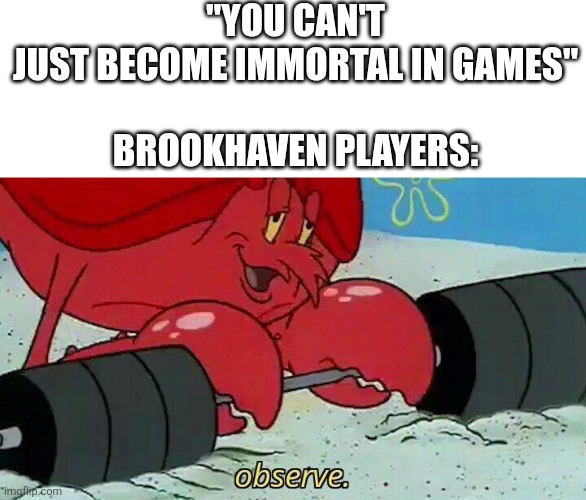 Powerplaying sucks | "YOU CAN'T JUST BECOME IMMORTAL IN GAMES"
 
BROOKHAVEN PLAYERS: | image tagged in observe,memes,funny,roblox,brookhaven,roleplaying | made w/ Imgflip meme maker