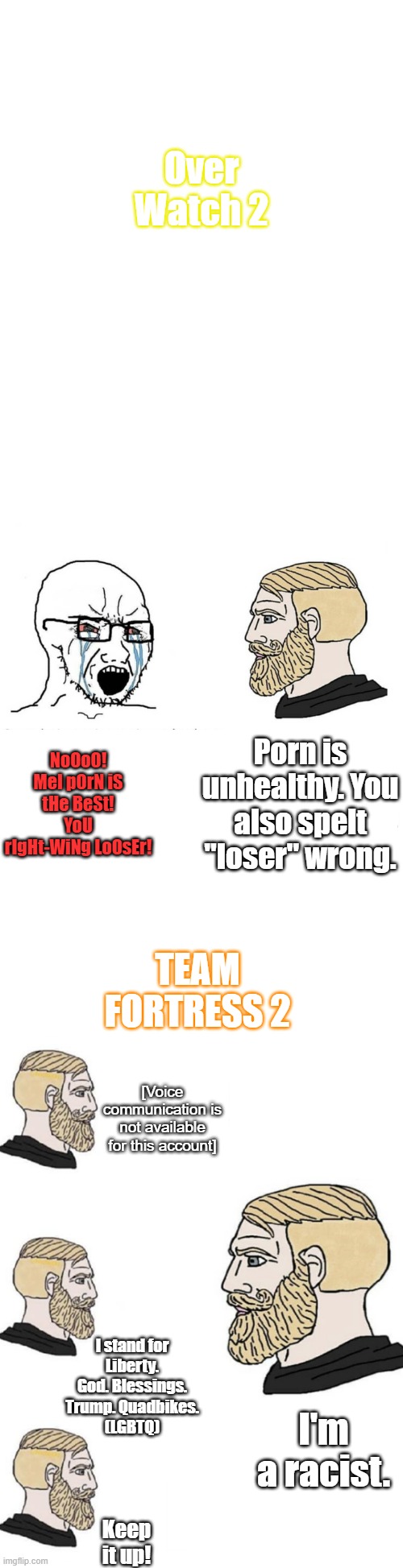 Team Fortress 2- but like- summed up quickly. | Over Watch 2; NoOoO! MeI pOrN iS tHe BeSt! YoU rIgHt-WiNg LoOsEr! Porn is unhealthy. You also spelt "loser" wrong. TEAM FORTRESS 2; [Voice communication is not available for this account]; I stand for
Liberty. God. Blessings. Trump. Quadbikes.
(LGBTQ); I'm a racist. Keep it up! | image tagged in long blank white,team fortress 2,overwatch,gaming,crying wojak vs chad,chad we know | made w/ Imgflip meme maker