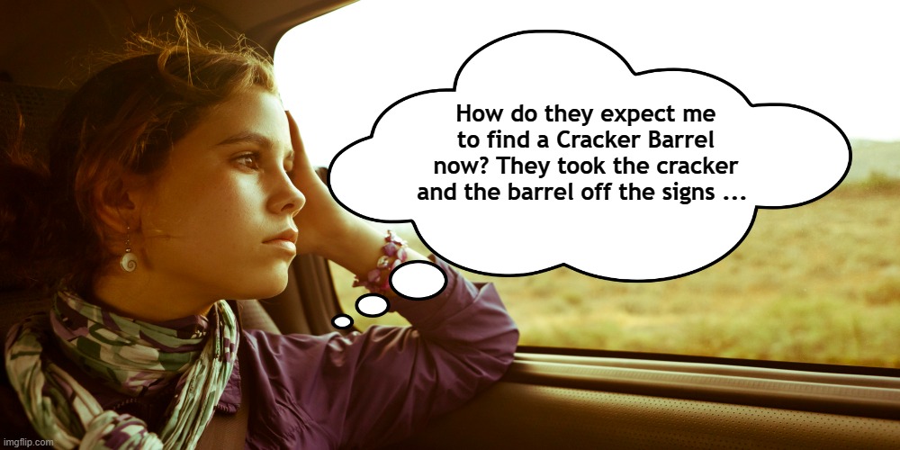 Well? | How do they expect me to find a Cracker Barrel now? They took the cracker and the barrel off the signs ... | image tagged in woke,crackers,pop culture,culture,trump,republicans | made w/ Imgflip meme maker