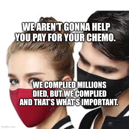 Mask Couple | WE AREN’T GONNA HELP YOU PAY FOR YOUR CHEMO. WE COMPLIED MILLIONS DIED, BUT WE COMPLIED AND THAT’S WHAT’S IMPORTANT. | image tagged in mask couple | made w/ Imgflip meme maker
