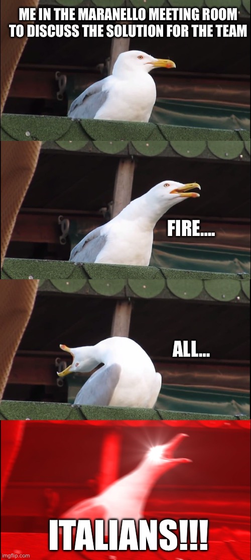 Inhaling Seagull Meme | ME IN THE MARANELLO MEETING ROOM TO DISCUSS THE SOLUTION FOR THE TEAM; FIRE…. ALL…; ITALIANS!!! | image tagged in memes,inhaling seagull | made w/ Imgflip meme maker