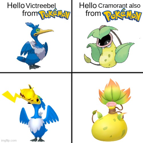 Someone take them to a Pokemon Center | Victreebel; Cramorant also | image tagged in hello person from,memes,funny,pokemon | made w/ Imgflip meme maker