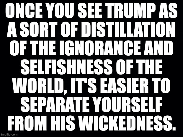 From my self-help guide. | ONCE YOU SEE TRUMP AS
A SORT OF DISTILLATION
OF THE IGNORANCE AND
SELFISHNESS OF THE
WORLD, IT'S EASIER TO
SEPARATE YOURSELF
FROM HIS WICKEDNESS. | image tagged in memes,help | made w/ Imgflip meme maker
