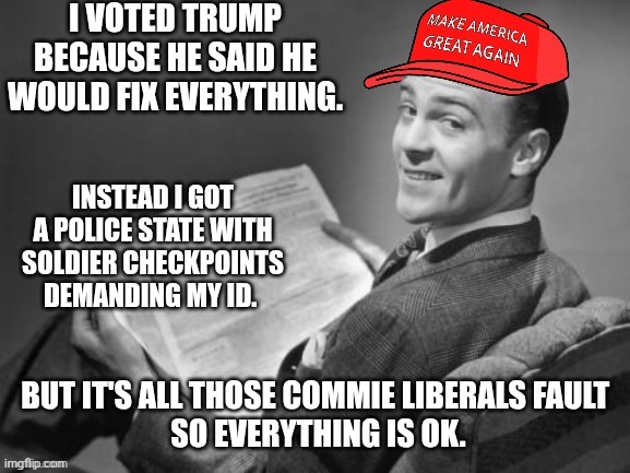 Trump is never to blame | I VOTED TRUMP BECAUSE HE SAID HE WOULD FIX EVERYTHING. INSTEAD I GOT A POLICE STATE WITH SOLDIER CHECKPOINTS DEMANDING MY ID. BUT IT'S ALL THOSE COMMIE LIBERALS FAULT 
SO EVERYTHING IS OK. | image tagged in trump is a fascist and maga are his willing sheep,trump make a mistake no never the liberals,kool aid | made w/ Imgflip meme maker