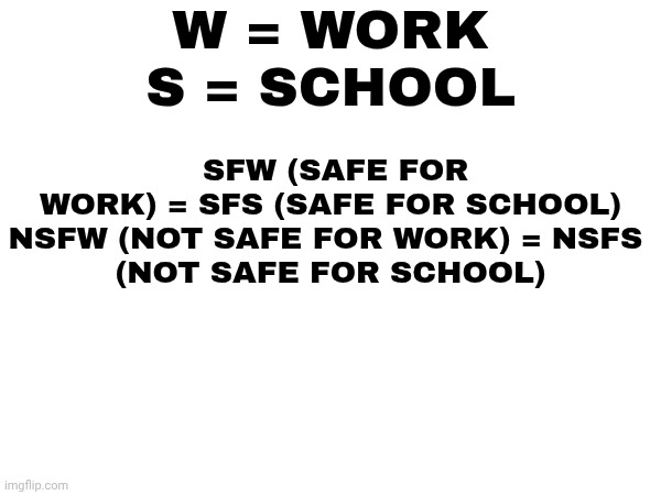 Starting August 26, the canon making of NSFS comics will be restricted to places other than school (example: at home) | W = WORK
S = SCHOOL; SFW (SAFE FOR WORK) = SFS (SAFE FOR SCHOOL)

NSFW (NOT SAFE FOR WORK) = NSFS 
(NOT SAFE FOR SCHOOL) | image tagged in comics,announcement | made w/ Imgflip meme maker