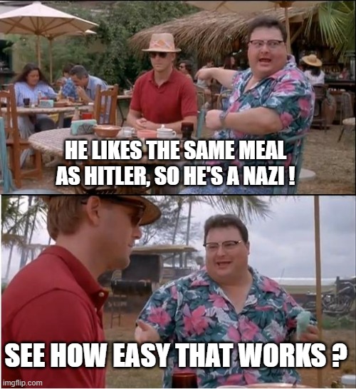 See Nobody Cares | HE LIKES THE SAME MEAL AS HITLER, SO HE'S A NAZI ! SEE HOW EASY THAT WORKS ? | image tagged in memes,see nobody cares | made w/ Imgflip meme maker