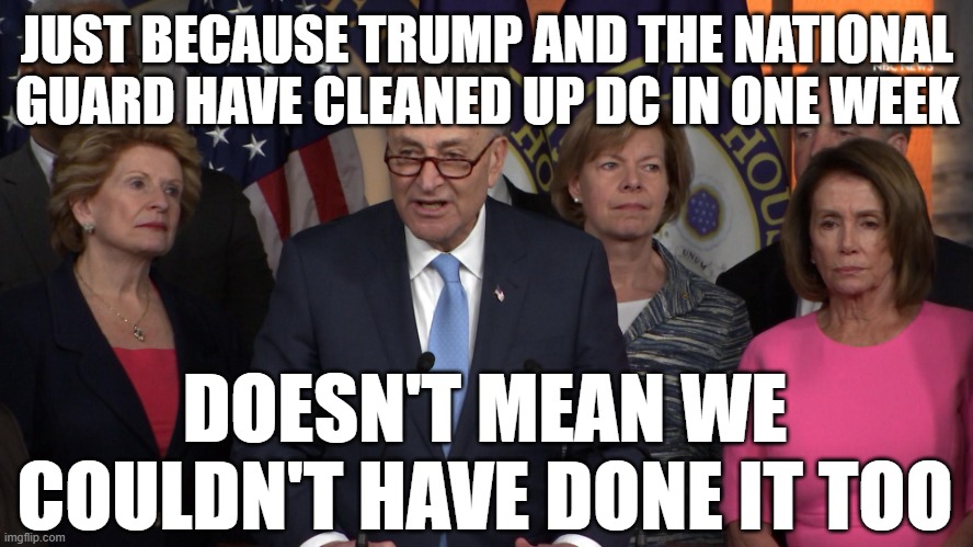 Democrat congressmen | JUST BECAUSE TRUMP AND THE NATIONAL GUARD HAVE CLEANED UP DC IN ONE WEEK; DOESN'T MEAN WE COULDN'T HAVE DONE IT TOO | image tagged in democrat congressmen | made w/ Imgflip meme maker