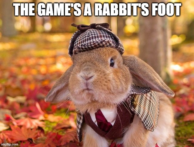 Sherlock Bunny | THE GAME'S A RABBIT'S FOOT | image tagged in bunnies | made w/ Imgflip meme maker