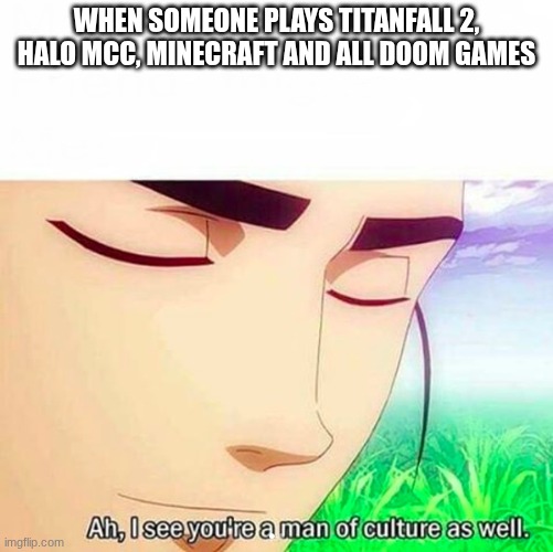 Men of culture will upvote | WHEN SOMEONE PLAYS TITANFALL 2, HALO MCC, MINECRAFT AND ALL DOOM GAMES | image tagged in ah i see you are a man of culture as well | made w/ Imgflip meme maker