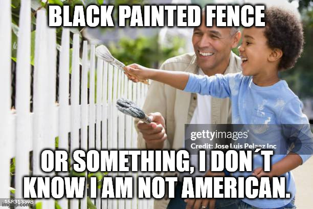 BLACK PAINTED FENCE OR SOMETHING, I DON´T KNOW I AM NOT AMERICAN. | made w/ Imgflip meme maker