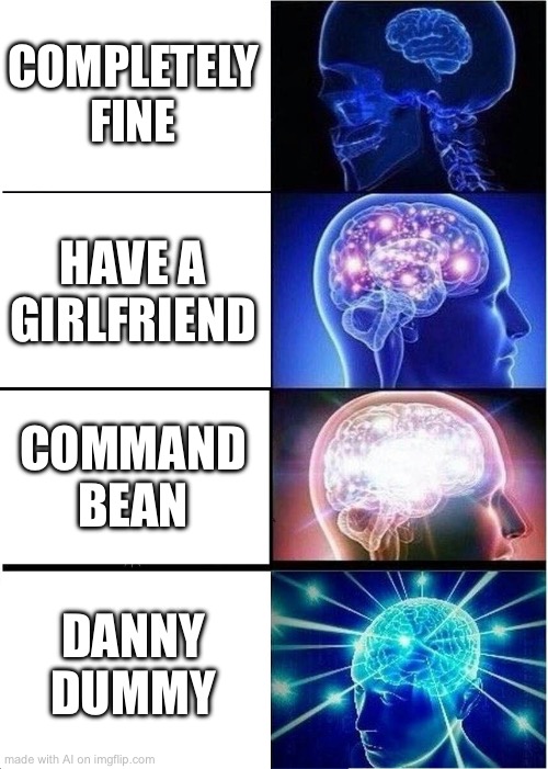 Expanding Brain Meme | COMPLETELY FINE; HAVE A GIRLFRIEND; COMMAND BEAN; DANNY DUMMY | image tagged in memes,expanding brain | made w/ Imgflip meme maker