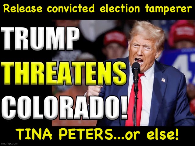Or else what...he's not saying.  I sense another TACO moment! | Release convicted election tamperer; TINA PETERS...or else! | image tagged in senile trump | made w/ Imgflip meme maker