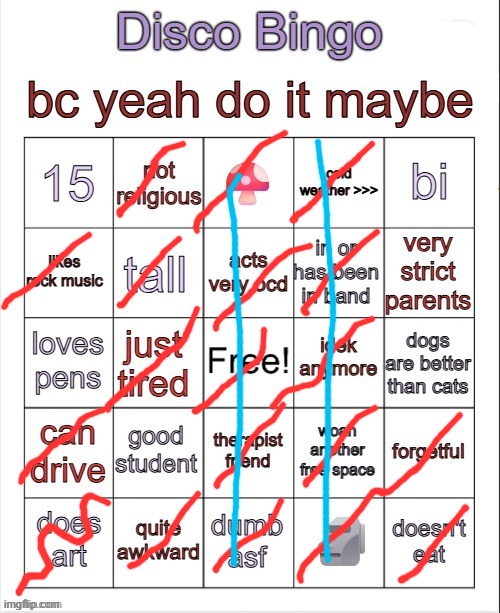 The squiggly means I sorta do art when I feel like it | image tagged in disco bingo but slightly less terrible | made w/ Imgflip meme maker