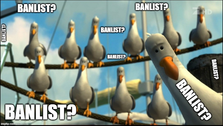 Digimon Ban list? | BANLIST? BANLIST? BANLIST? BANLIST? BANLIST? BANLIST? BANLIST? BANLIST? | image tagged in pigeons finding nemo | made w/ Imgflip meme maker