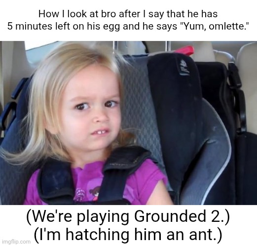 I don't think you wanna eat that... | How I look at bro after I say that he has 5 minutes left on his egg and he says "Yum, omlette."; (We're playing Grounded 2.)
(I'm hatching him an ant.) | image tagged in side eyeing chloe,gaming,grounded | made w/ Imgflip meme maker