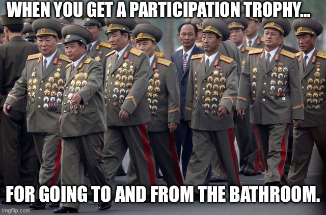 Everyone gets a medal of participation! | WHEN YOU GET A PARTICIPATION TROPHY…; FOR GOING TO AND FROM THE BATHROOM. | image tagged in you get an x and you get an x,north korea,participation trophy,wtf,soldiers,brave | made w/ Imgflip meme maker