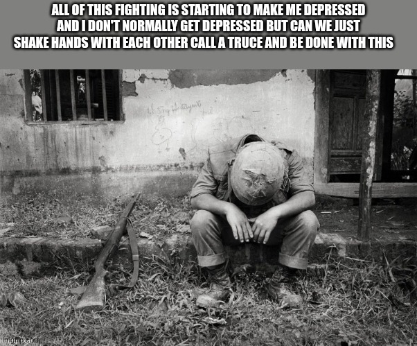 us soldier | ALL OF THIS FIGHTING IS STARTING TO MAKE ME DEPRESSED AND I DON'T NORMALLY GET DEPRESSED BUT CAN WE JUST SHAKE HANDS WITH EACH OTHER CALL A TRUCE AND BE DONE WITH THIS | image tagged in us soldier | made w/ Imgflip meme maker