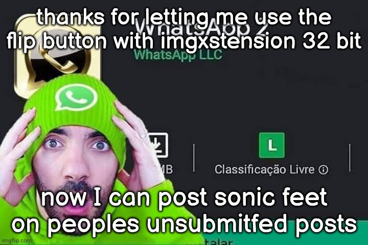 ive done this like 4 times now | thanks for letting me use the flip button with imgxstension 32 bit; now I can post sonic feet on peoples unsubmitfed posts | image tagged in whatsapp 2 | made w/ Imgflip meme maker